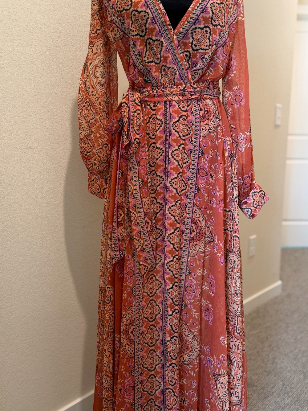 Printed Wrap Maxi Dress in Rust Pink
